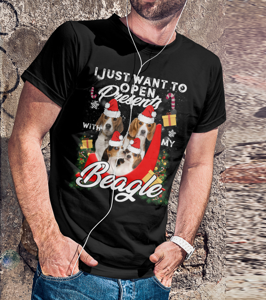 I Just Want To Open Presents With My Beagle Christmas Santa Hats Candy Canes Snowflakes T-Shirt