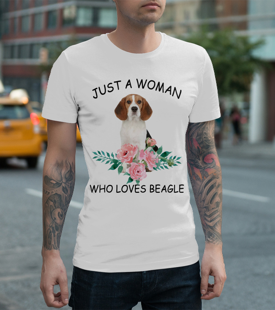 Just A Woman Who Loves Beagle With Pink Flowers T-Shirt