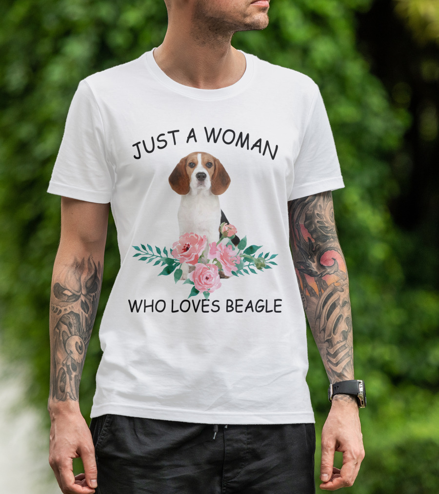 Just A Woman Who Loves Beagle With Pink Flowers T-Shirt