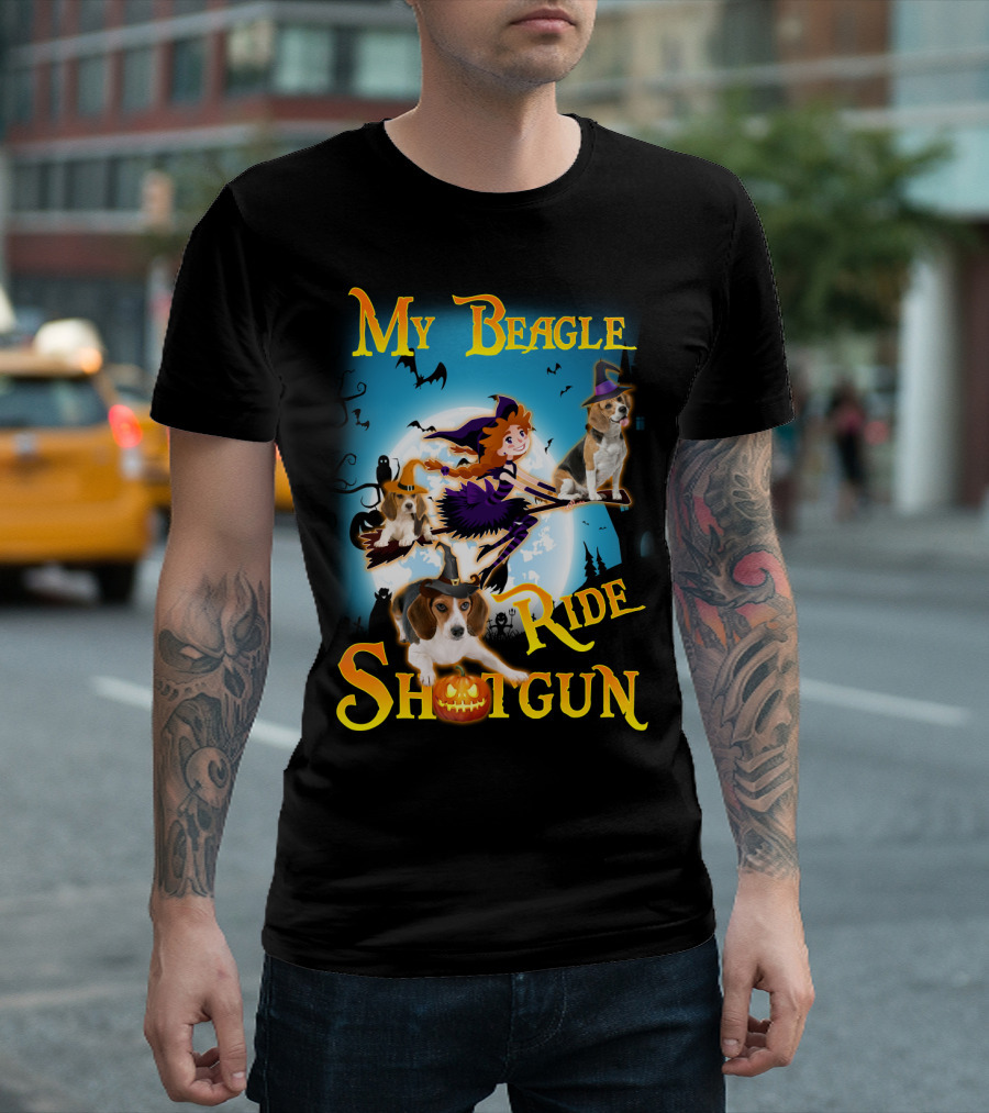 My Beagle Ride Shotgun Witch Halloween Beagle Bats Moon Jack O Lantern T-Shirt