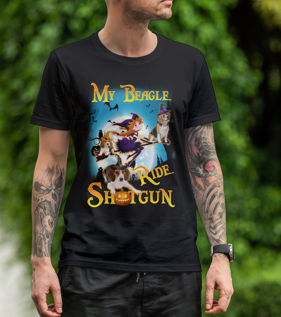 My Beagle Ride Shotgun Witch Halloween Beagle Bats Moon Jack O Lantern T-Shirt