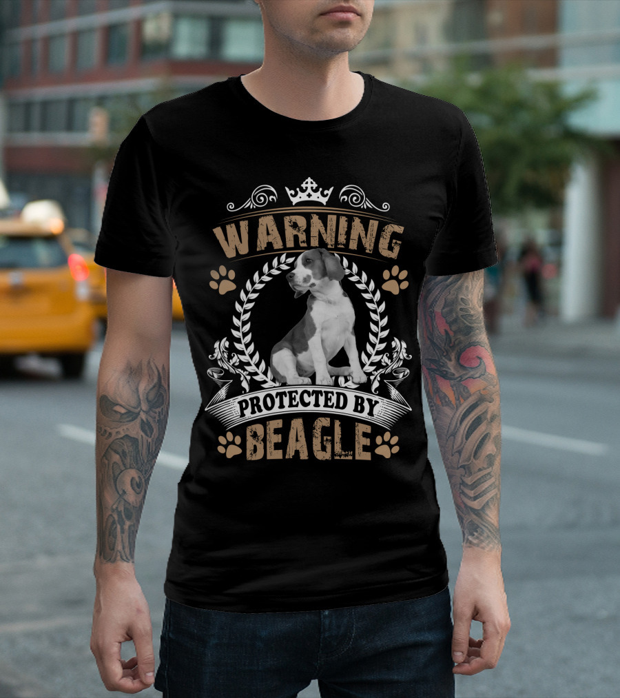 Warning Protected By Beagle Dog with Crown and Laurel Wreath T-Shirt