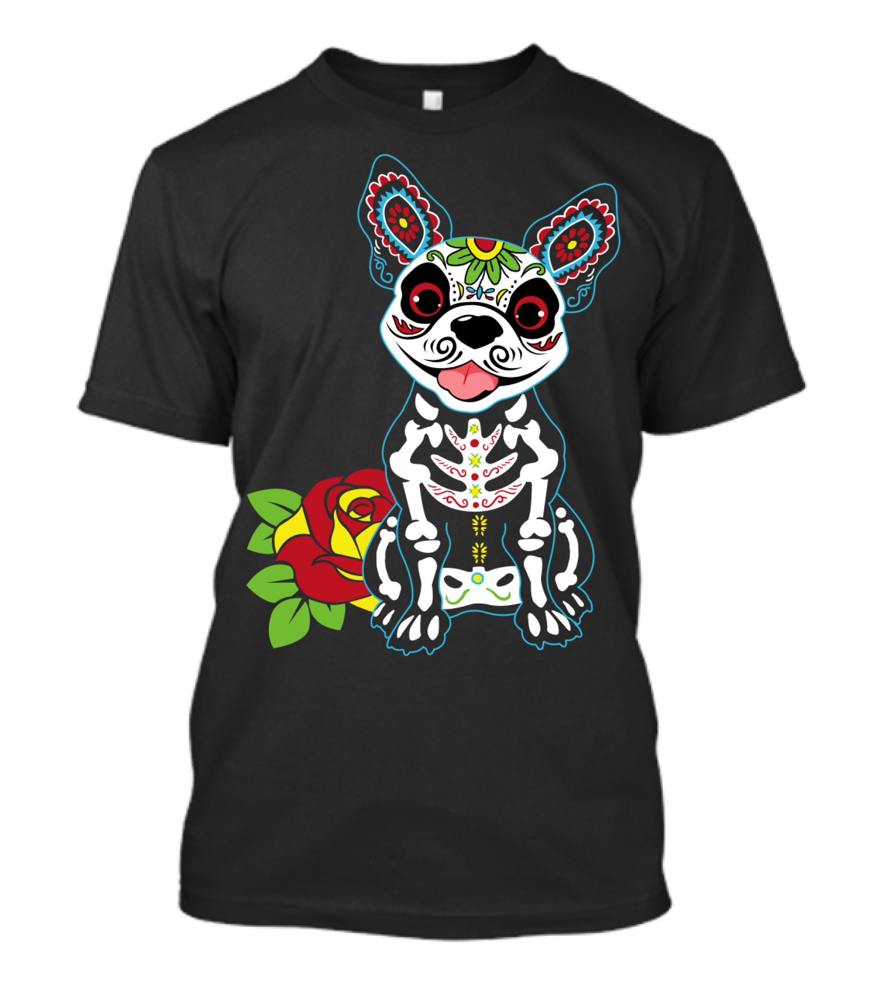 Boston Terrier Sugar Skull With Red Rose Day Of The Dead T-Shirt