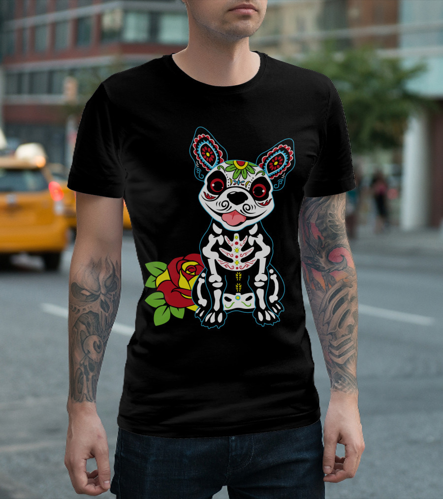 Boston Terrier Sugar Skull with Red Rose Day of the Dead T-Shirt