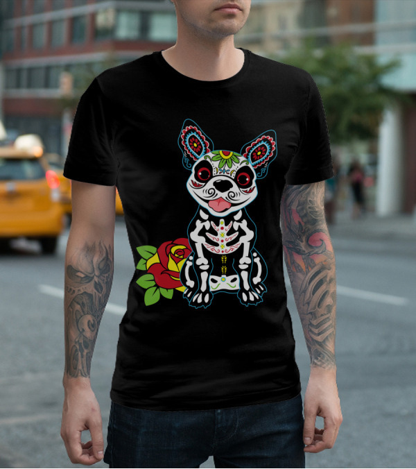 Boston Terrier Sugar Skull With Red Rose Day Of The Dead T-Shirt