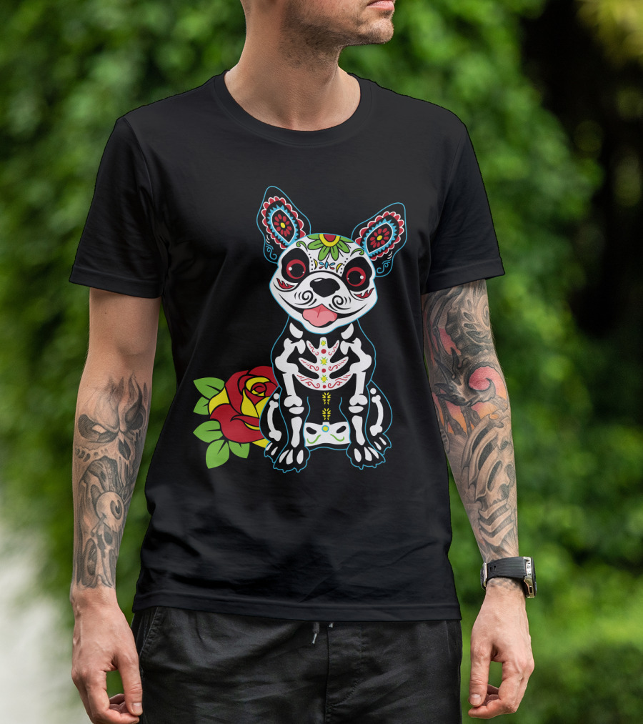 Boston Terrier Sugar Skull With Red Rose Day Of The Dead T-Shirt