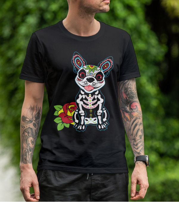 Boston Terrier Sugar Skull With Red Rose Day Of The Dead T-Shirt