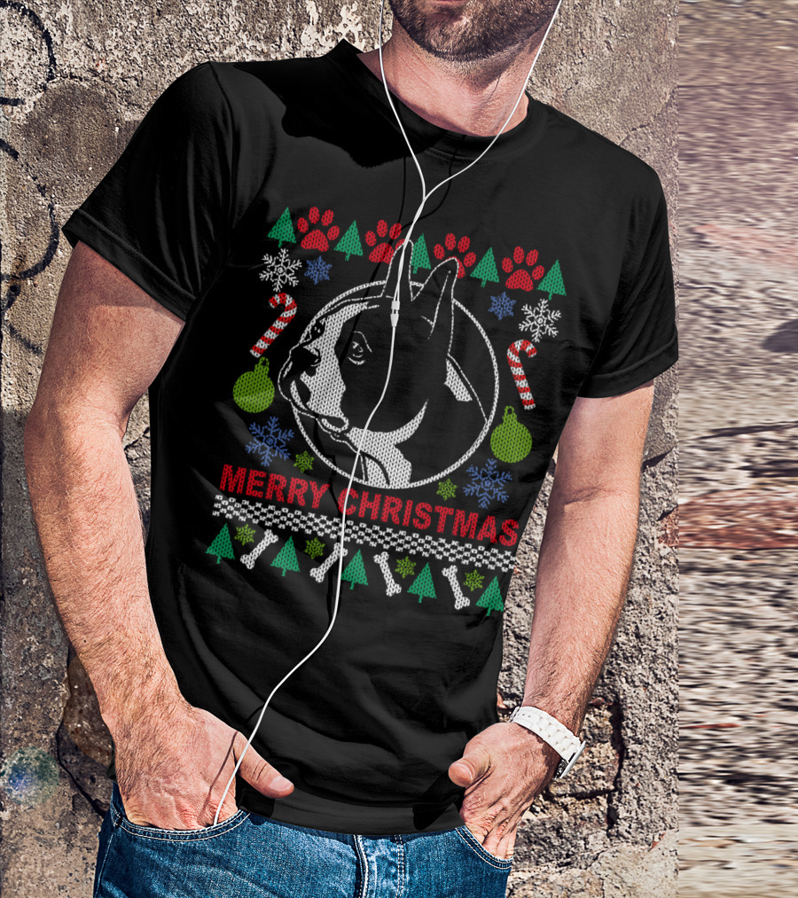 Merry Christmas Boston Terrier Candy Cane Snowflakes Trees T-Shirt