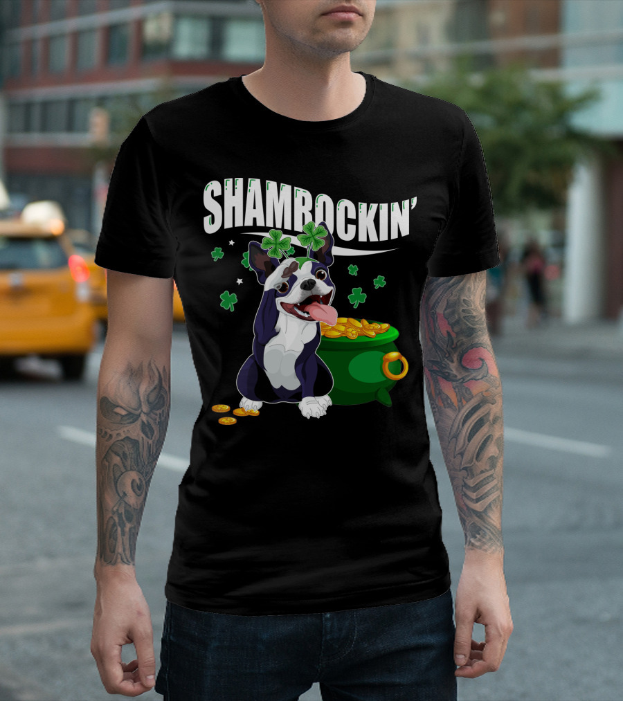 Shamrockin' Boston Terrier with Pot of Gold and Clovers T-Shirt