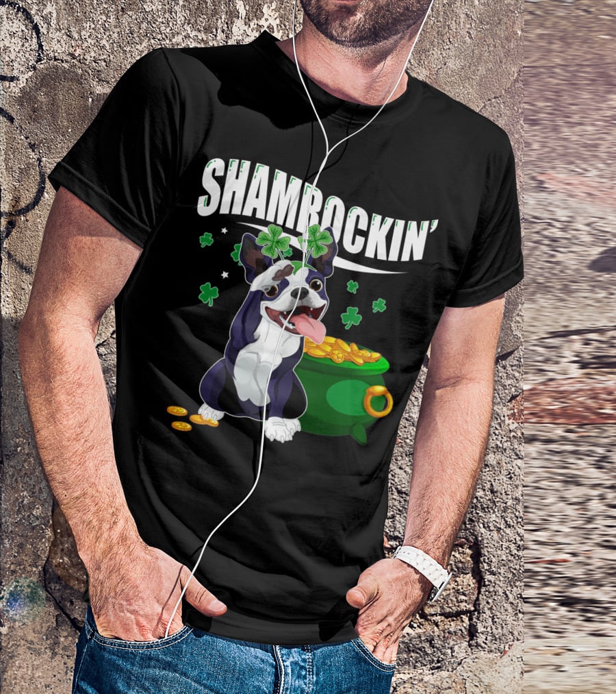 Shamrockin' Boston Terrier With Pot Of Gold And Clovers T-Shirt