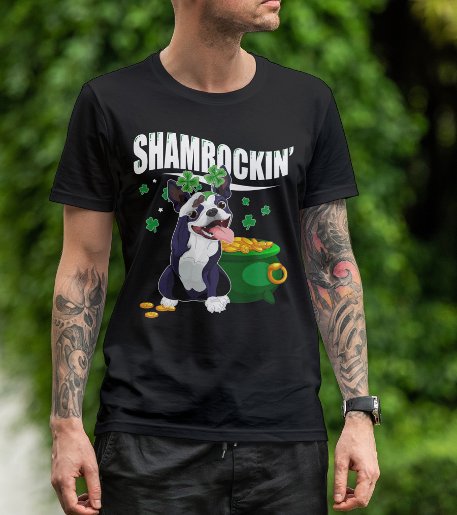 Shamrockin' Boston Terrier With Pot Of Gold And Clovers T-Shirt
