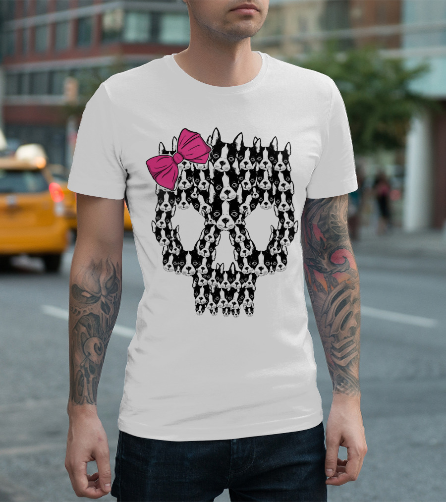 Boston Terrier Skull Pink Bow T-Shirt
