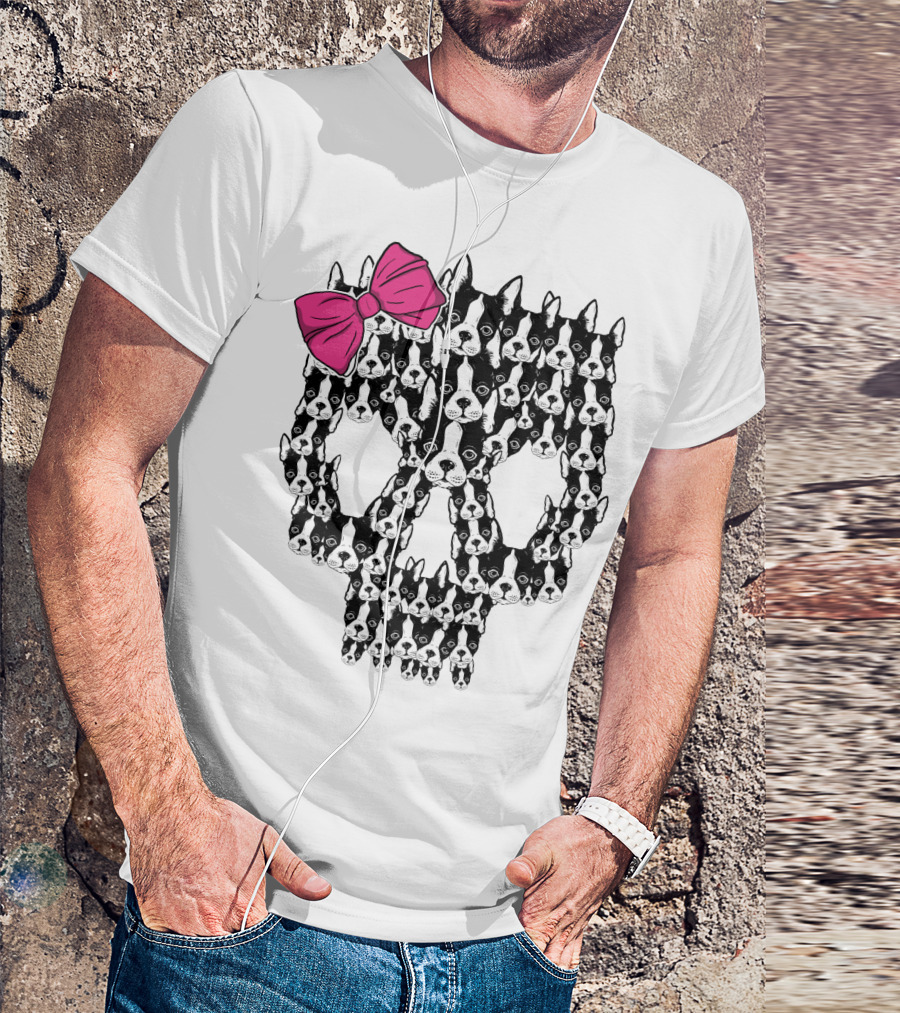 Boston Terrier Skull Pink Bow T-Shirt