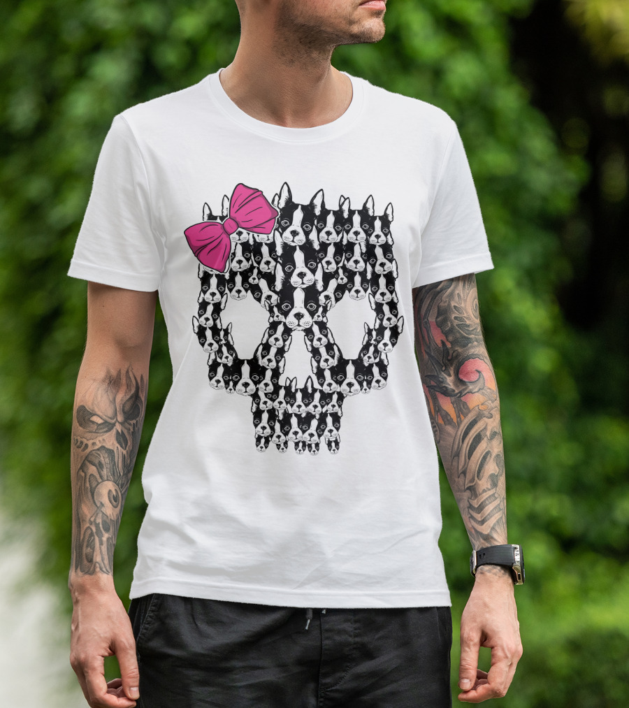 Boston Terrier Skull Pink Bow T-Shirt