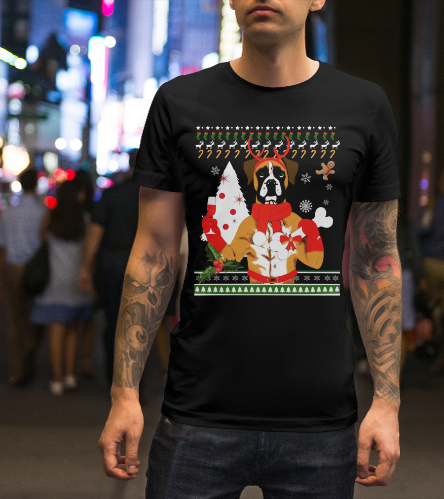 Boxer Dog Christmas Ugly Sweater Style With Reindeer Antlers And Festive Decorations T-Shirt