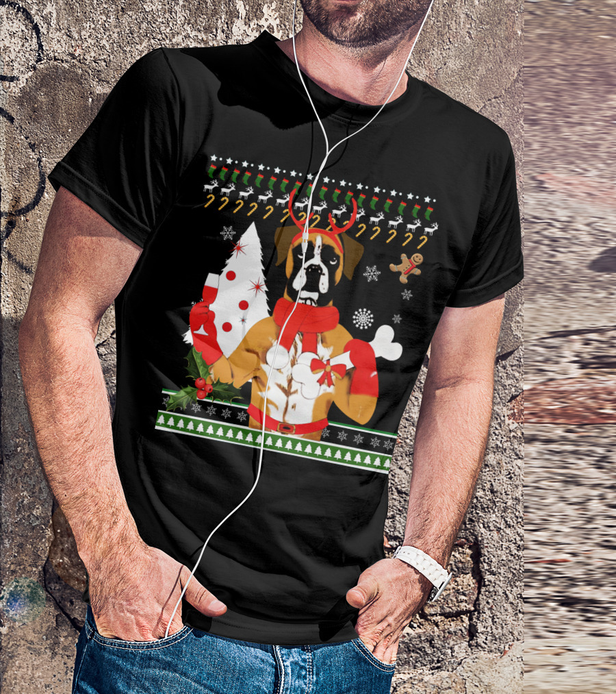 Boxer Dog Christmas Ugly Sweater Style With Reindeer Antlers And Festive Decorations T-Shirt
