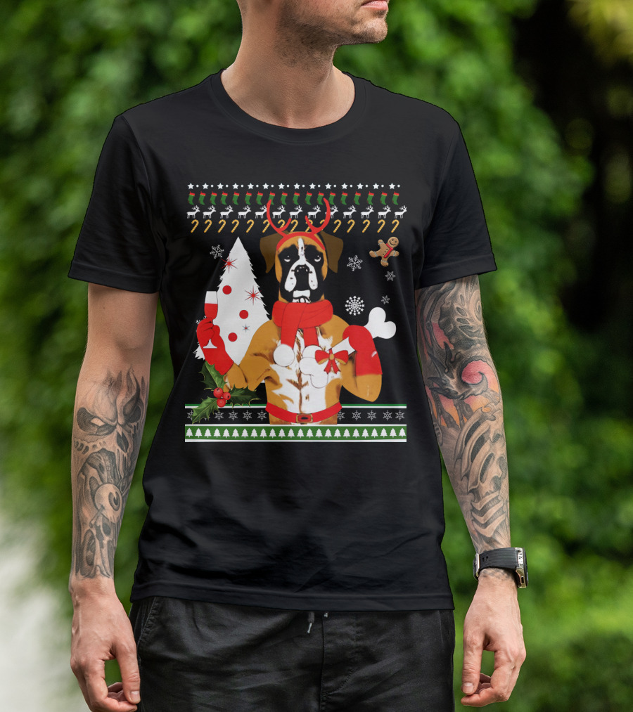 Boxer Dog Christmas Ugly Sweater Style With Reindeer Antlers And Festive Decorations T-Shirt