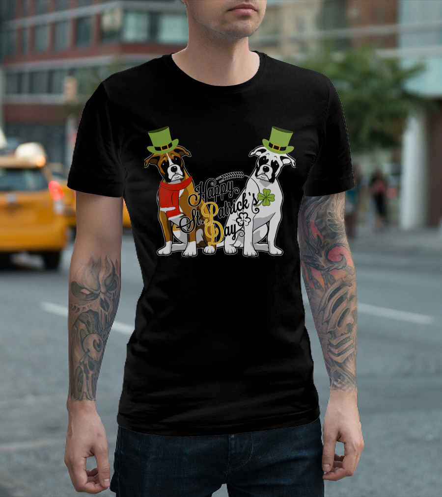 Happy St Patrick's Day Boxer Dogs With Shamrocks And Hats T-Shirt