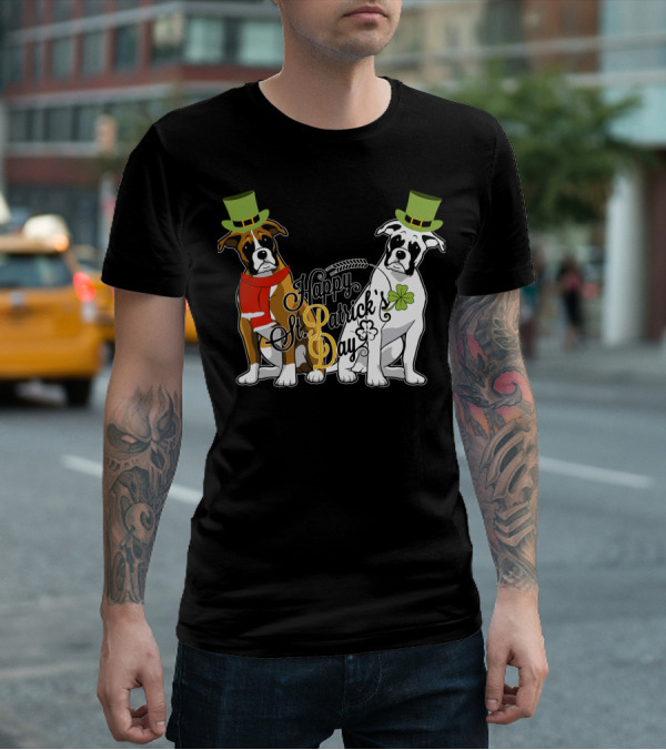 Happy St Patrick's Day Boxer Dogs With Shamrocks And Hats T-Shirt