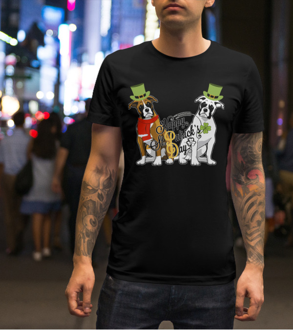 Happy St Patrick's Day Boxer Dogs With Shamrocks And Hats T-Shirt