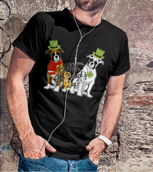 Happy St Patrick's Day Boxer Dogs With Shamrocks And Hats T-Shirt