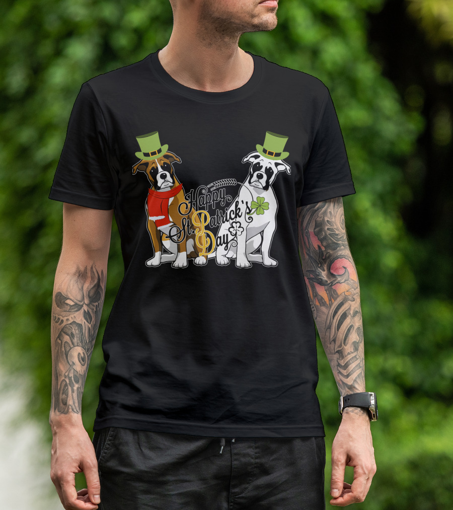 Happy St Patrick's Day Boxer Dogs With Shamrocks And Hats T-Shirt