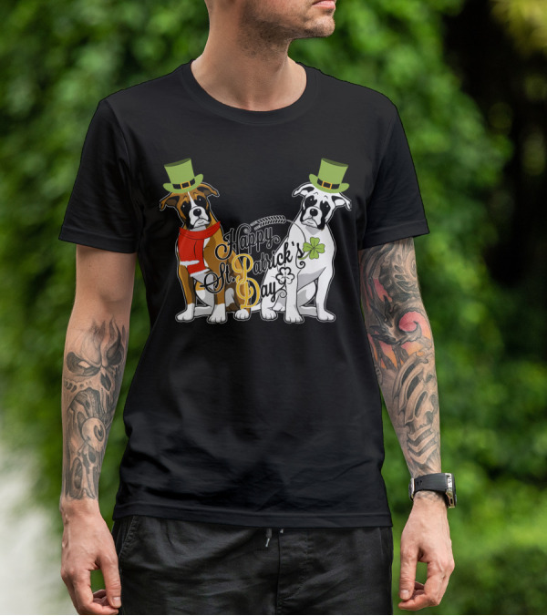 Happy St Patrick's Day Boxer Dogs With Shamrocks And Hats T-Shirt