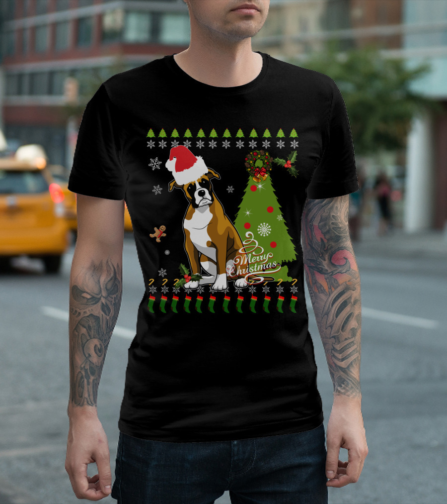 Merry Christmas Boxer Santa Hat Gingerbread Man Christmas Tree Snowflakes T-Shirt
