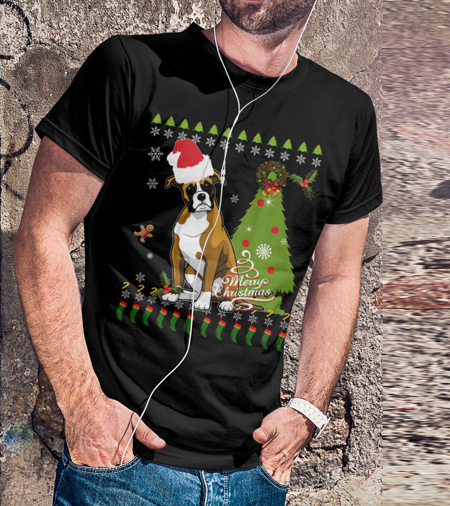 Merry Christmas Boxer Santa Hat Gingerbread Man Christmas Tree Snowflakes T-Shirt