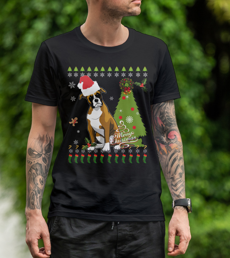 Merry Christmas Boxer Santa Hat Gingerbread Man Christmas Tree Snowflakes T-Shirt