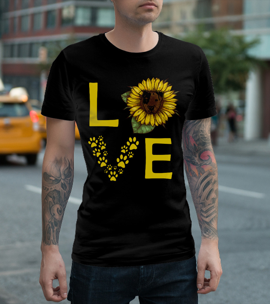 Love Bullterrier Sunflower Paw Prints T-Shirt