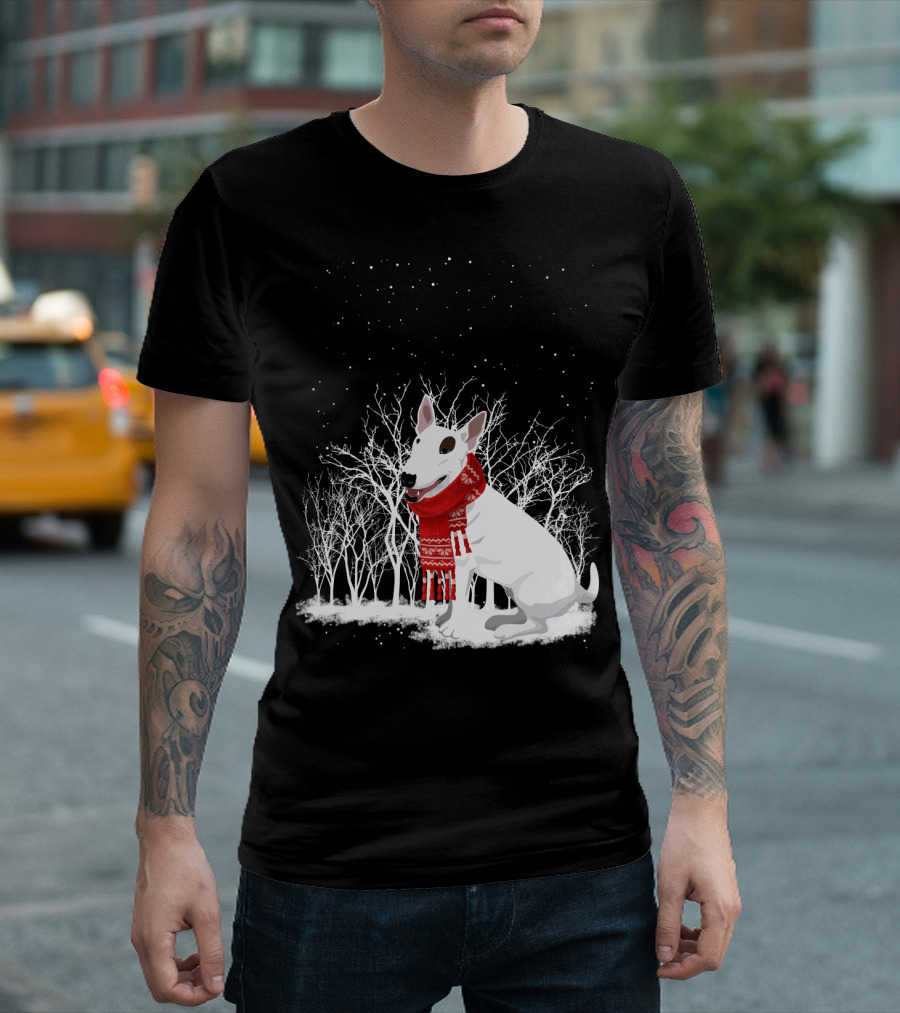 Winter Bullterrier Red Scarf Snowy Forest T-Shirt