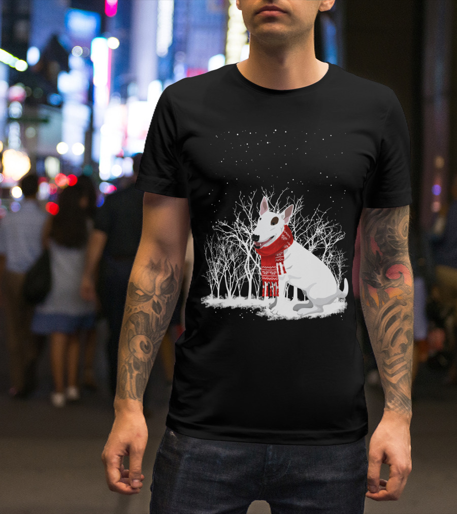 Winter Bullterrier Red Scarf Snowy Forest T-Shirt