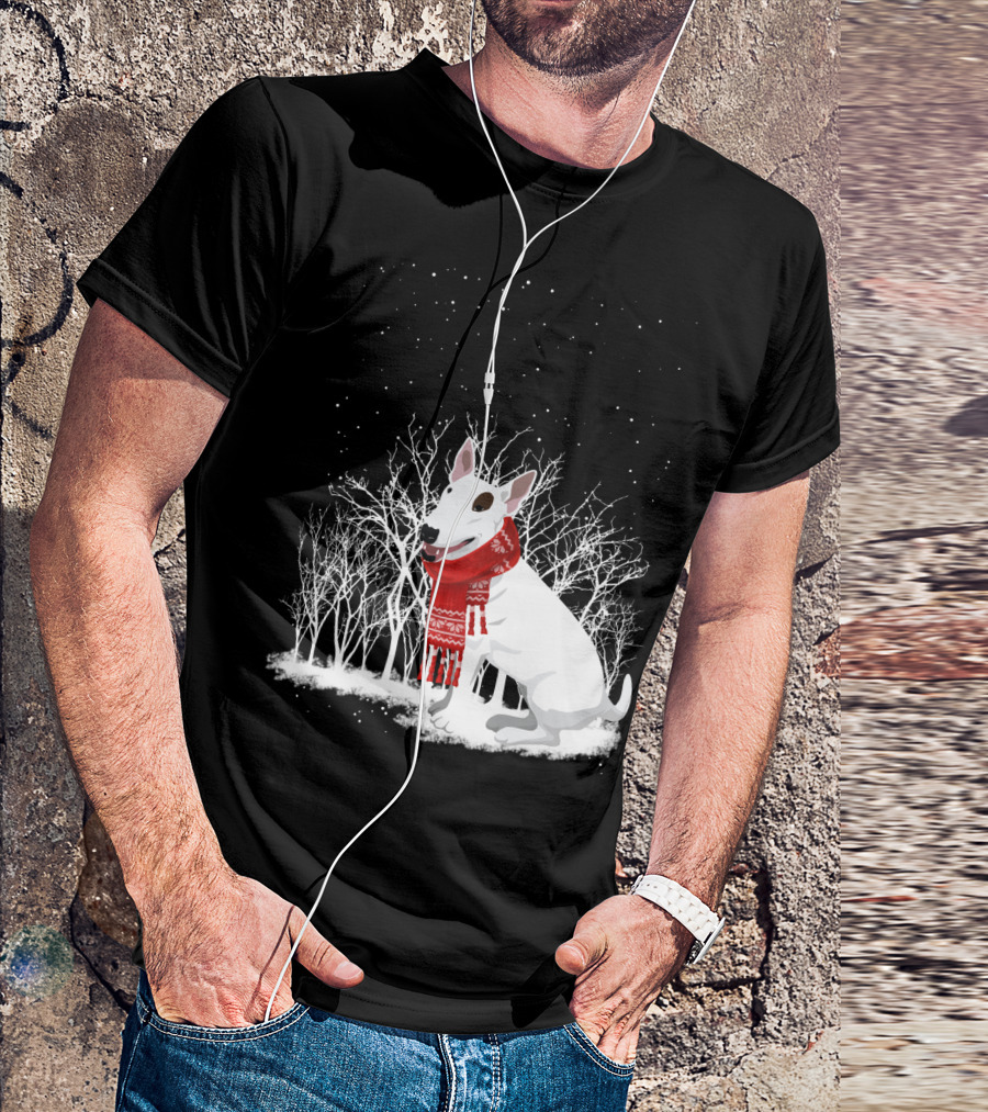 Winter Bullterrier Red Scarf Snowy Forest T-Shirt