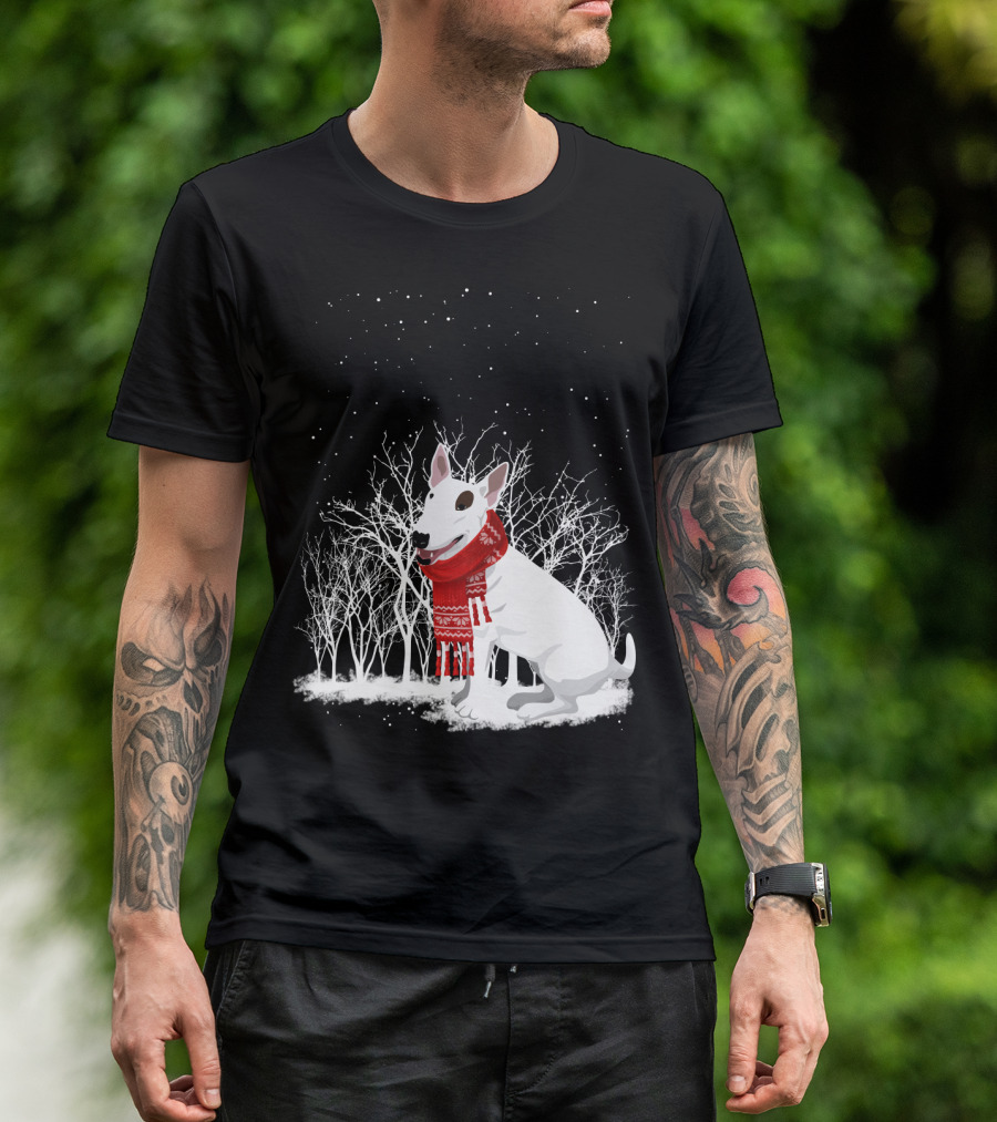 Winter Bullterrier Red Scarf Snowy Forest T-Shirt
