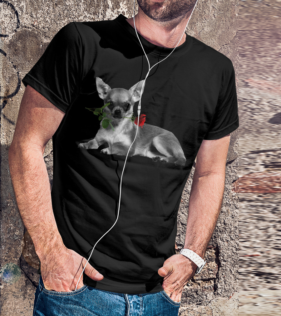 Chihuahua Holding A Red Rose In Mouth T-Shirt