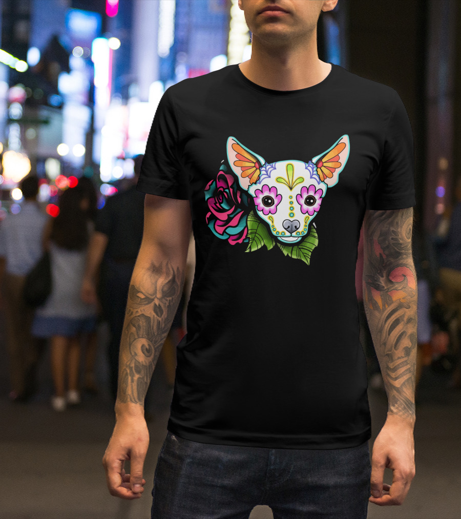 Dead Chihuahua Neon Sugar Skull Rose T-Shirt