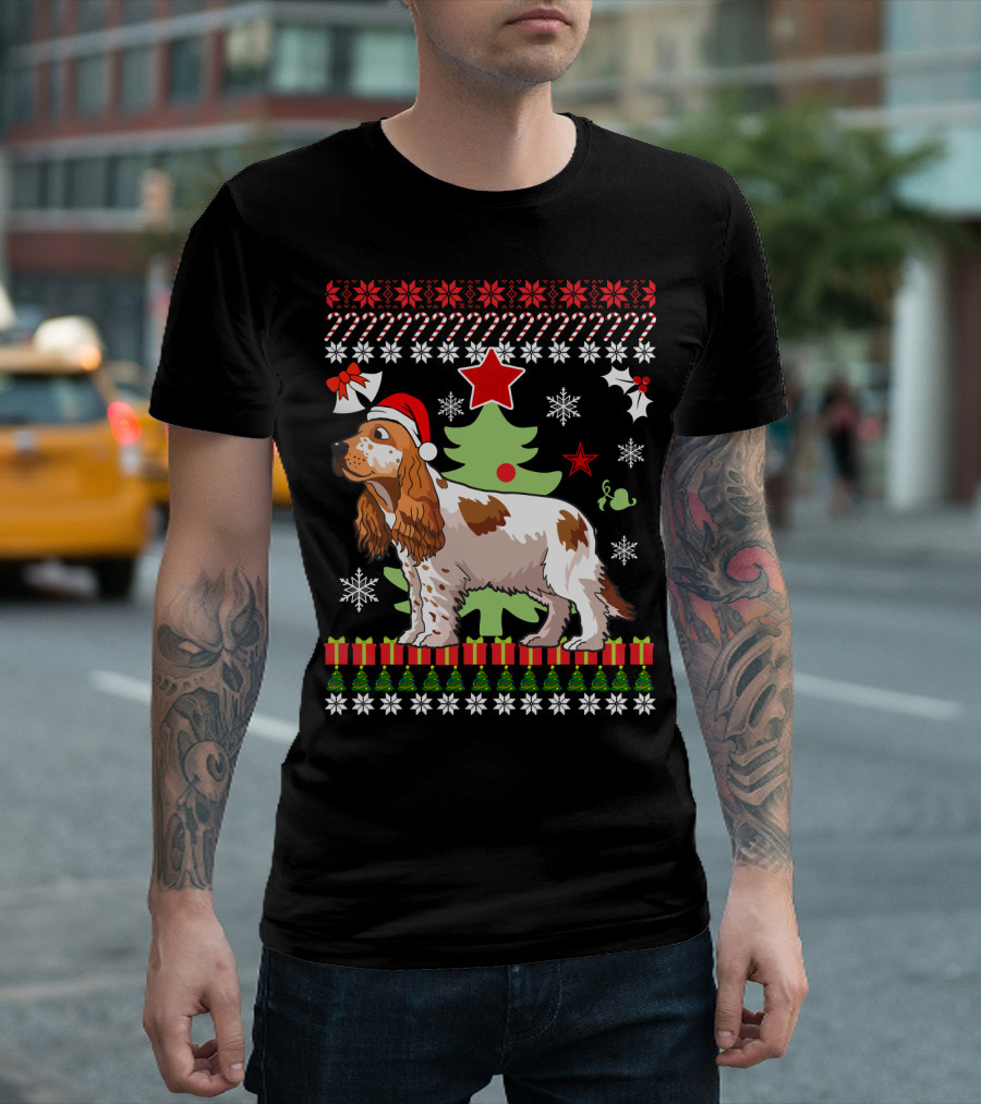 Christmas Cocker Spaniel Santa Hat Snowflakes Christmas Tree T-Shirt