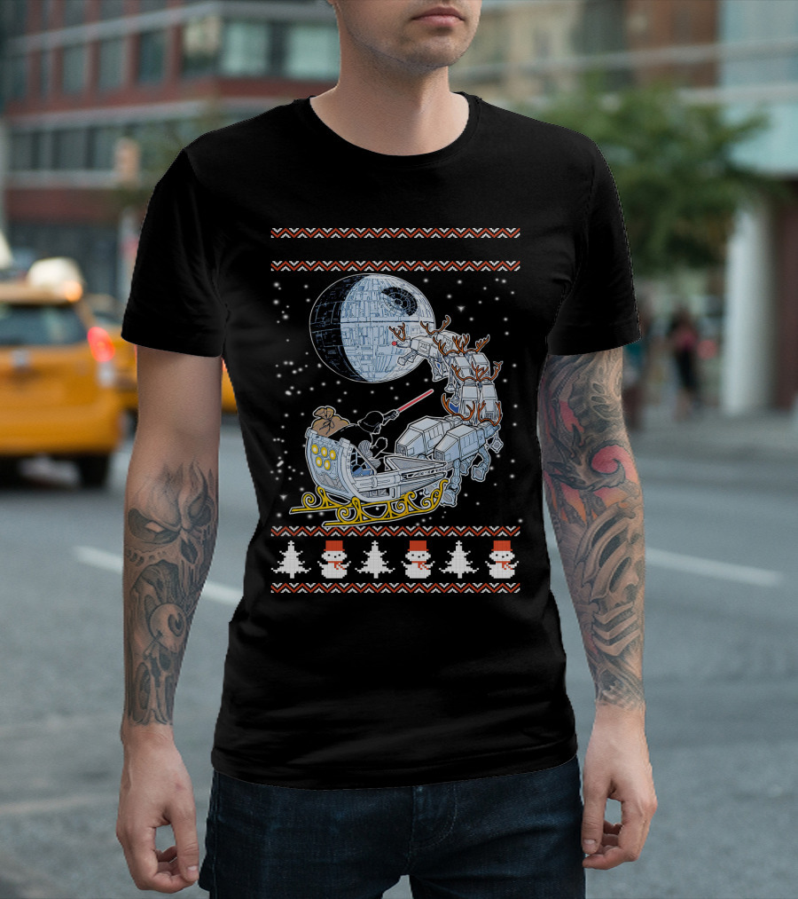 Death Star Christmas Night with Vader Sleigh and AT-AT Reindeer T-Shirt