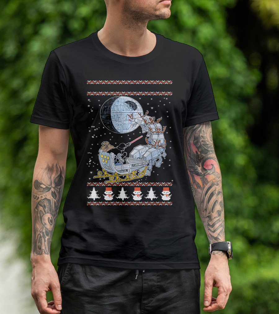 Death Star Christmas Night With Vader Sleigh And AT-AT Reindeer T-Shirt