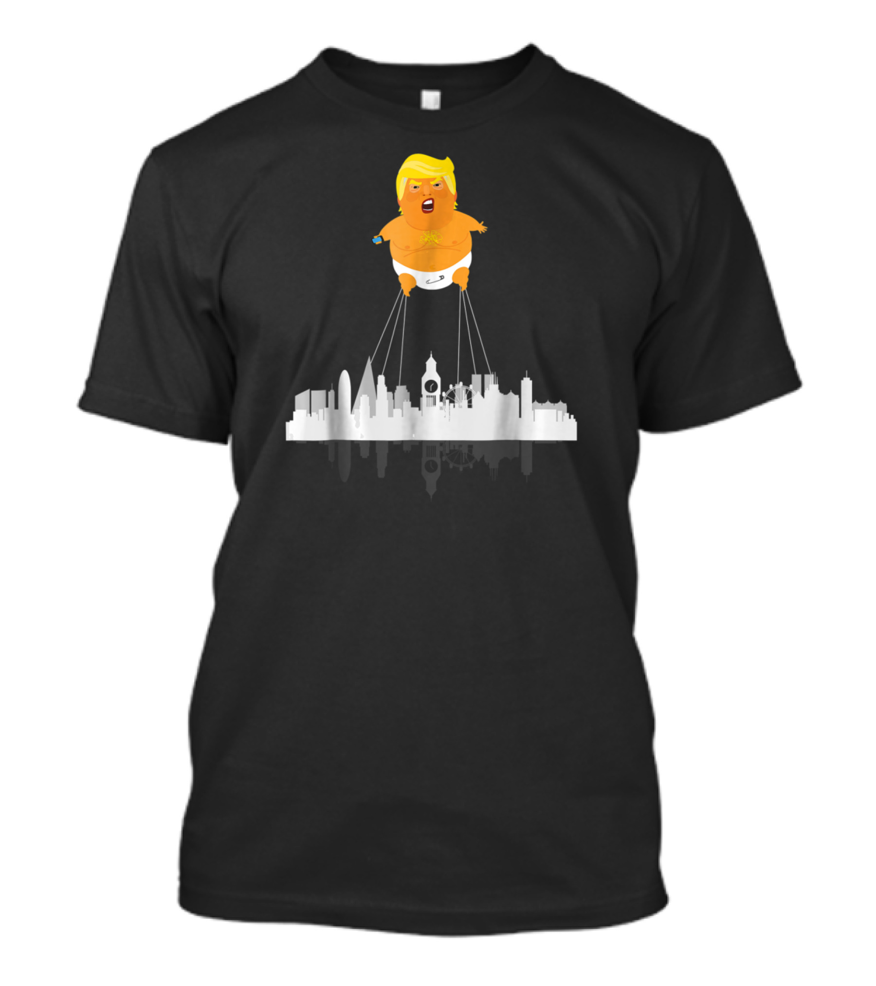 Funny Baby Trump Crying Balloon Over London Skyline T-Shirt
