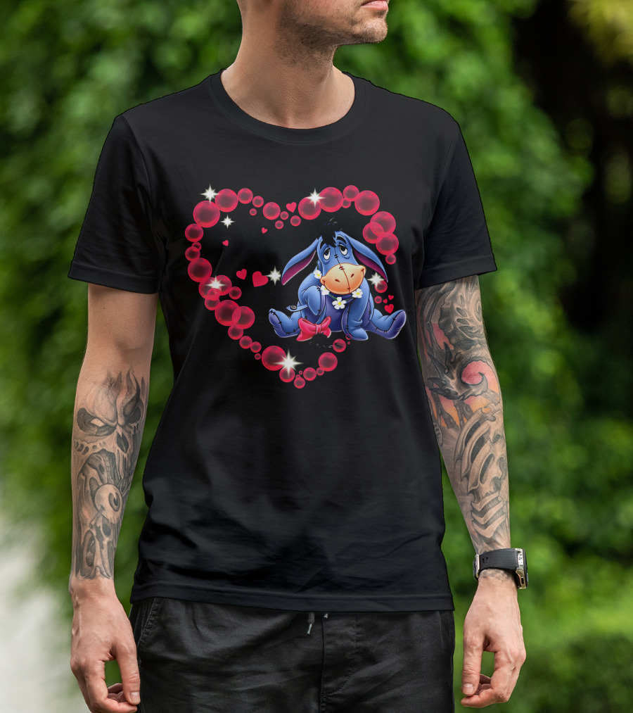 Eeyore Surrounded By Heart-Shaped Bubbles And Flowers T-Shirt