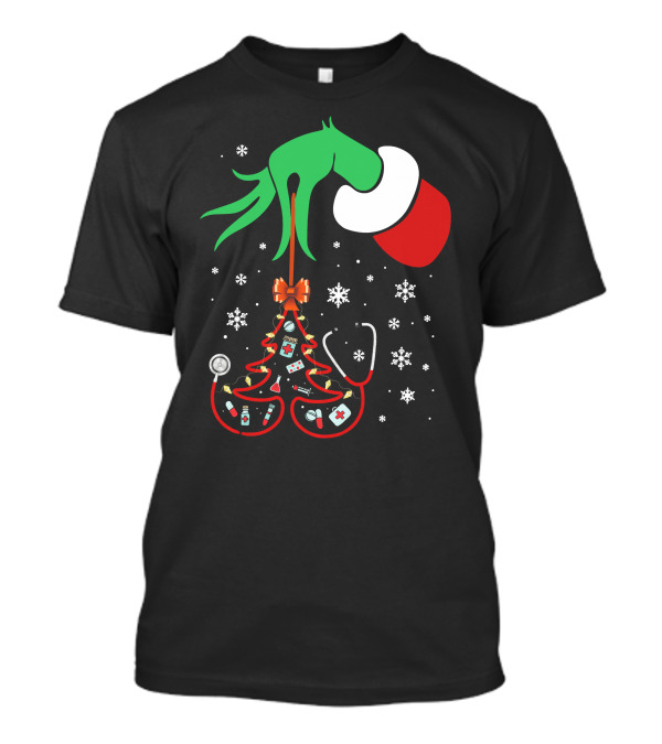 Grinch Hand Holding Nurse Themed Christmas Tree With Medical Icons T-Shirt