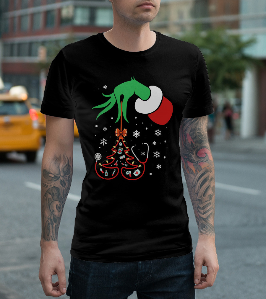 Grinch Hand Holding Nurse Themed Christmas Tree With Medical Icons T-Shirt