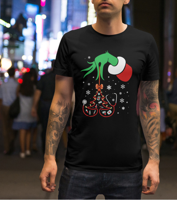 Grinch Hand Holding Nurse Themed Christmas Tree With Medical Icons T-Shirt