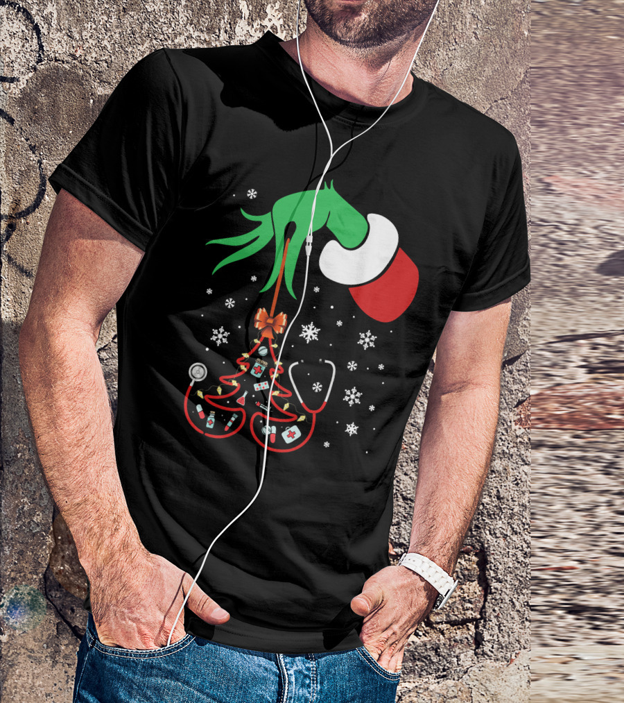 Grinch Hand Holding Nurse Themed Christmas Tree With Medical Icons T-Shirt