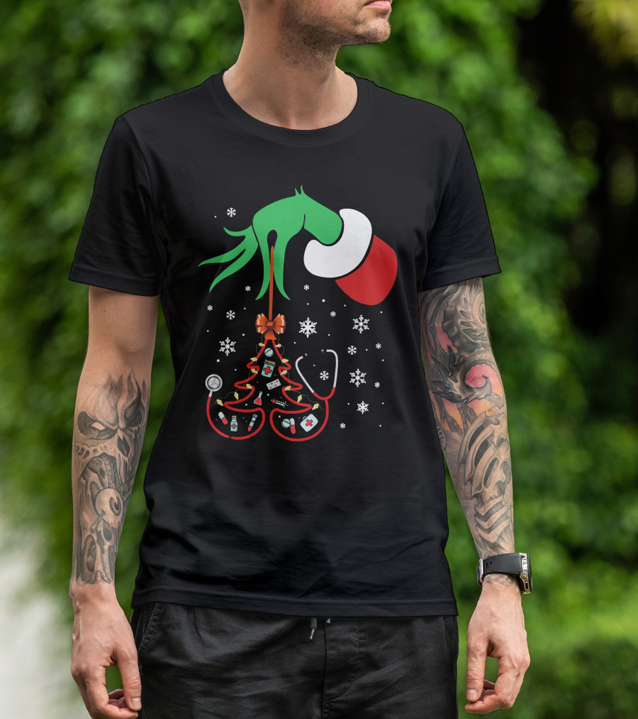 Grinch Hand Holding Nurse Themed Christmas Tree With Medical Icons T-Shirt
