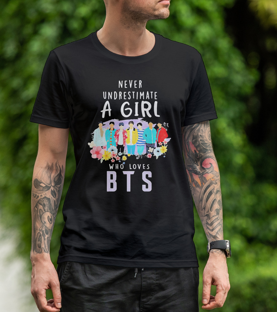 Never Underestimate A Girl Who Loves BTS Floral Watercolor Band T-Shirt
