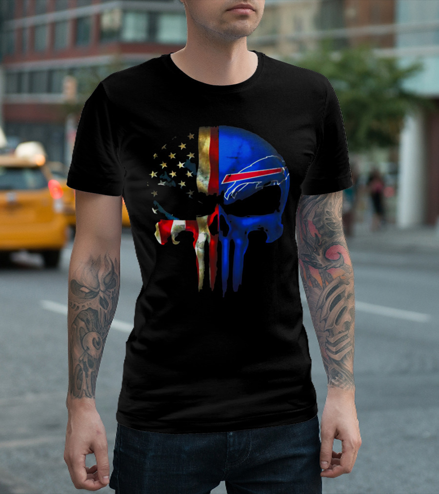 Skull Buffalo Bills American Flag Punisher NFL Logo Stars Stripes T-Shirt