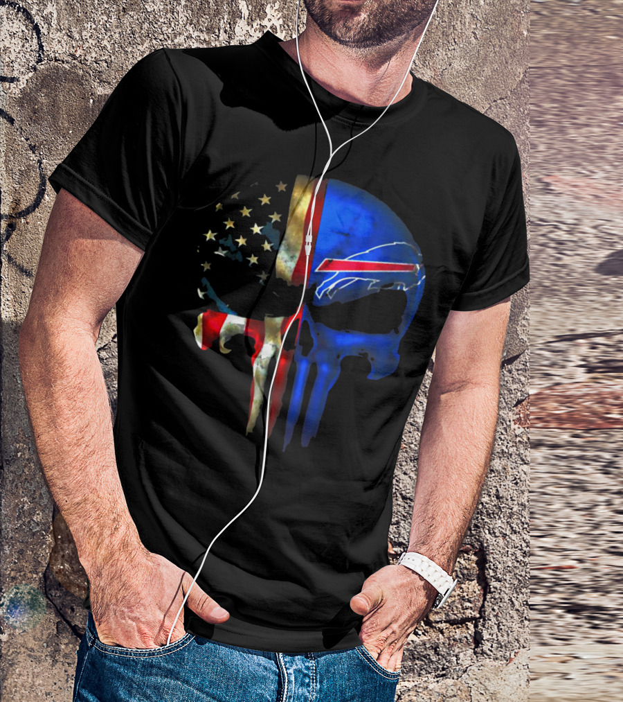 Skull Buffalo Bills American Flag Punisher NFL Logo Stars Stripes T-Shirt